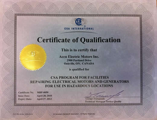 CSA certification to repair explosion proof motors